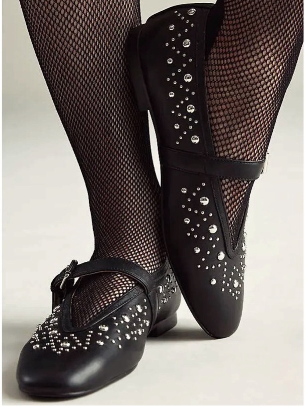 {BIBI LOU}Silver Studded Leather Mary Jane Flats
